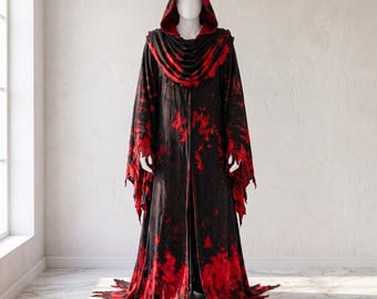 Manto com Capuz Demoníaco Esfarrapado, Capa Desgastada para Ritual de Sangue, Fantasia Gótica de Cultista Oculto, Capa Artesanal para Cosplay de Halloween