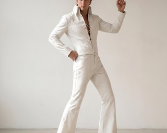 Elvis Presley White Leather Suit, Lace Up Collar Jacket, Handmade Flared Pants Tribute Costume