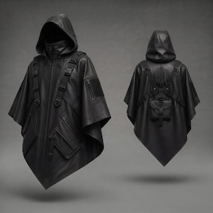 May include: A black hooded poncho featuring a front zipper, multiple utility pockets, and adjustable buckled straps. The garment includes a high collar and a back view showing a small attached pouch with integrated harness-style webbing straps.