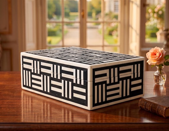 Handmade Bone Inlay Storage Box | Black Ivory Geometric Jewelry & Keepsake Box