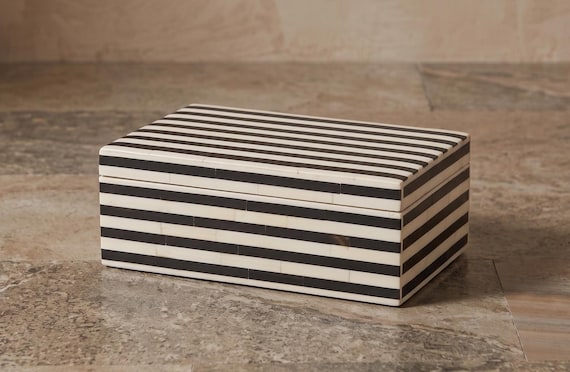 Handmade Bone Inlay Jewelry Box | Black &Ivory Striped Keepsake Box | Luxury Home Decor