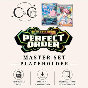 Könnte beinhalten: Ein digitaler Platzhalter für ein Sammelkarten-Set mit dem Text Mega Evolution Perfect Order, C & G, Printable PDF, Instant Download, Perfect for your binder. Enthält zwei illustrierte Karten, Clefairy und Rosa's Encouragement.