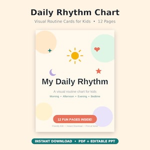 以下が含まれることがあります： 12ページのDaily Rhythm Chart視覚的ルーチンカードセット。表紙には「My Daily Rhythm」の文字、黄色の太陽、紫色の三日月、赤いハート、赤い星が描かれており、背景はクリーム色でパステルカラーの円が配置されています。