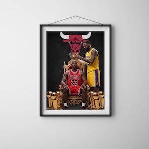 May include: A framed poster featuring a basketball player in a red Chicago Bulls jersey sitting on a gold throne, while another player in a yellow Lakers jersey places a crown on their head. A red bull logo and gold trophies are visible.