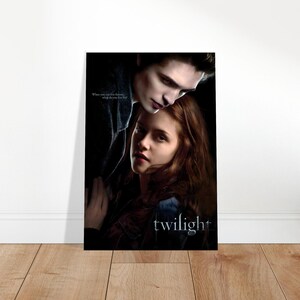 May include: A vertical movie poster for Twilight featuring a dark, moody close-up of two individuals. The text reads, When you can live forever, what do you live for? and the title Twilight is printed in a white, serif font at the bottom.