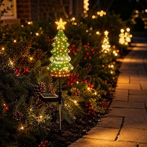 May include: A green, cone-shaped solar garden stake light designed as a Christmas tree with a yellow star topper. The tree features integrated warm white LED lights, a brown base, and a small black solar panel attached to a thin metal pole.