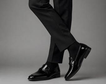 Svarta loafers i lackläder | Handgjorda formella slip-on | Lyxiga finskor | Herr