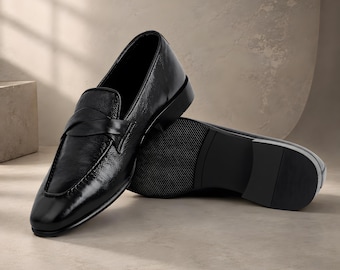 Men's Black Leather Loafers | Classic Penny Slip-On Dress Shoes | Office & Formal Footwear