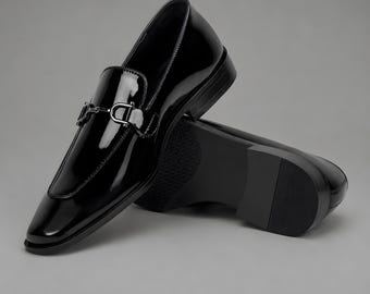 Handgefertigte schwarze Herren-Slipper aus Lackleder mit Horsebit-Verschluss | Luxuriöse Slipper