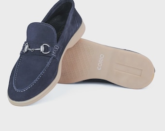 Handmade Navy Suede Loafers for Men | Horsebit Slip-On | Casual Luxury Moccasins