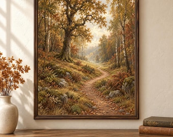 Könnte beinhalten: Ein gerahmter Kunstdruck, der eine herbstliche Waldlandschaft mit einem gewundenen Feldweg, moosbedeckten Steinen und goldfarbenen Bäumen zeigt. Unter dem Rahmen befindet sich ein weißes Etikett mit dem Text: DIGITAL DOWNLOAD • 5 FORMATS.