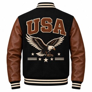 Giacca stile college personalizzata USA Eagle, da uomo, in lana nera con maniche in pelle marrone, giacca bomber personalizzata, regalo perfetto per lui.