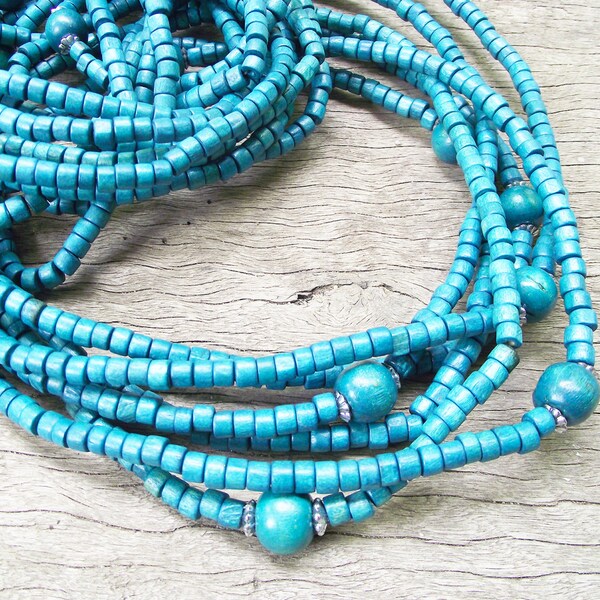 Long Wooden Necklace- blue chunky beads- style fashion trendy jewelry boho tribal Hidden Treasury