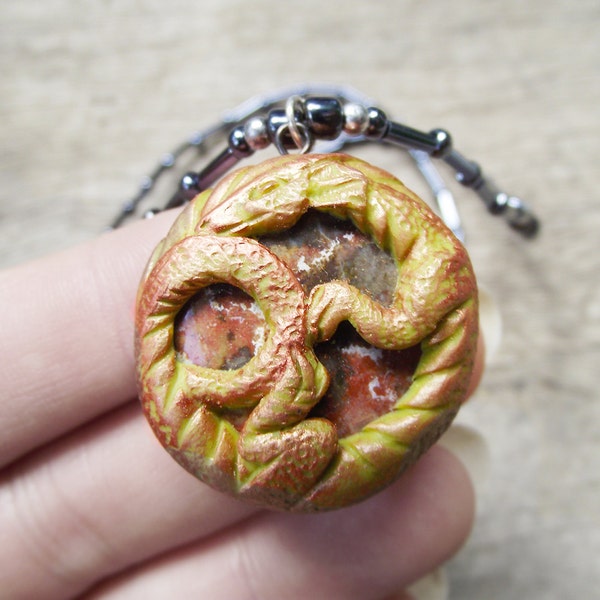 Golden Dragon Pendant- handmade ooak Jasper crystal polymer clay japanese gemstone green fantasy cosplay gothic Hidden Treasury