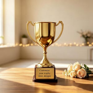 Może przedstawiać: Błyszczące złote trofeum z dwoma zakrzywionymi uchwytami, umieszczone na ciemnobrązowej kwadratowej podstawie. Złota tabliczka z przodu podstawy zawiera czarny napis: Customize your trophy (text, design). Trofeum ma gładkie, odblaskowe wykończenie.