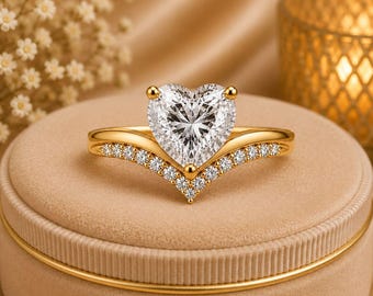 Heart Cut CZ Dimond Ring, Heart Engagement Ring, Curved Wedding Band Set, Gold Promise Ring, Minimalist Bridal Ring, Anniversary