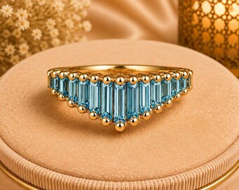 Aquamarine Chevron Ring, Baguette Aquamarine Ring, Art Deco Gold Band, V Shape Wedding Band, Stackable Anniversary Ring, Gift For Her