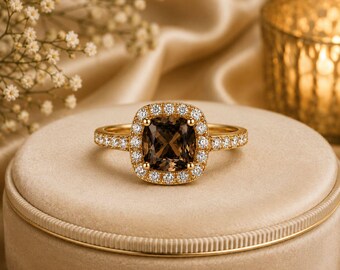 Smoky Quartz Engagement Ring, Cushion Cut Smoky Quartz Ring, Halo Gold Ring, Vintage Promise Ring, CZ Diamond Anniversary Ring, Gift For Her