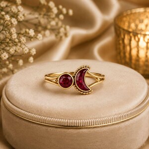 Ruby Moon Ring, Crescent Moon Ruby Ring, Celestial Gold Ring, Open Promise Ring, Minimalist Adjustable Ring, Gift For Her