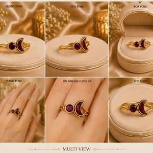 Ruby Moon Ring, Crescent Moon Ruby Ring, Celestial Gold Ring, Open Promise Ring, Minimalist Adjustable Ring, Gift For Her Bild 2