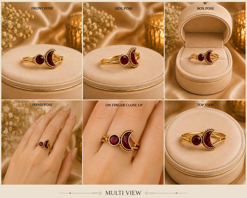 Ruby Moon Ring, Crescent Moon Ruby Ring, Celestial Gold Ring, Open Promise Ring, Minimalist Adjustable Ring, Gift For Her Bild 2