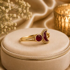 Ruby Moon Ring, Crescent Moon Ruby Ring, Celestial Gold Ring, Open Promise Ring, Minimalist Adjustable Ring, Gift For Her Bild 8