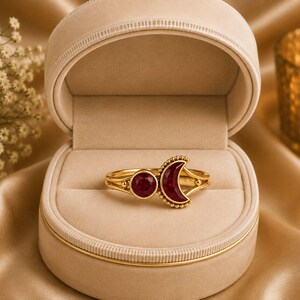 Ruby Moon Ring, Crescent Moon Ruby Ring, Celestial Gold Ring, Open Promise Ring, Minimalist Adjustable Ring, Gift For Her Bild 4