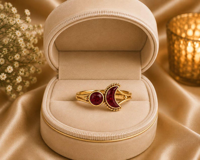 Ruby Moon Ring, Crescent Moon Ruby Ring, Celestial Gold Ring, Open Promise Ring, Minimalist Adjustable Ring, Gift For Her Bild 4