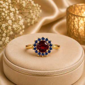 May include: A gold ring featuring a large, round, deep red garnet gemstone at the centre, surrounded by a halo of smaller, round, vibrant blue sapphire gemstones. The ring band is polished gold, creating a bright and reflective metallic finish.