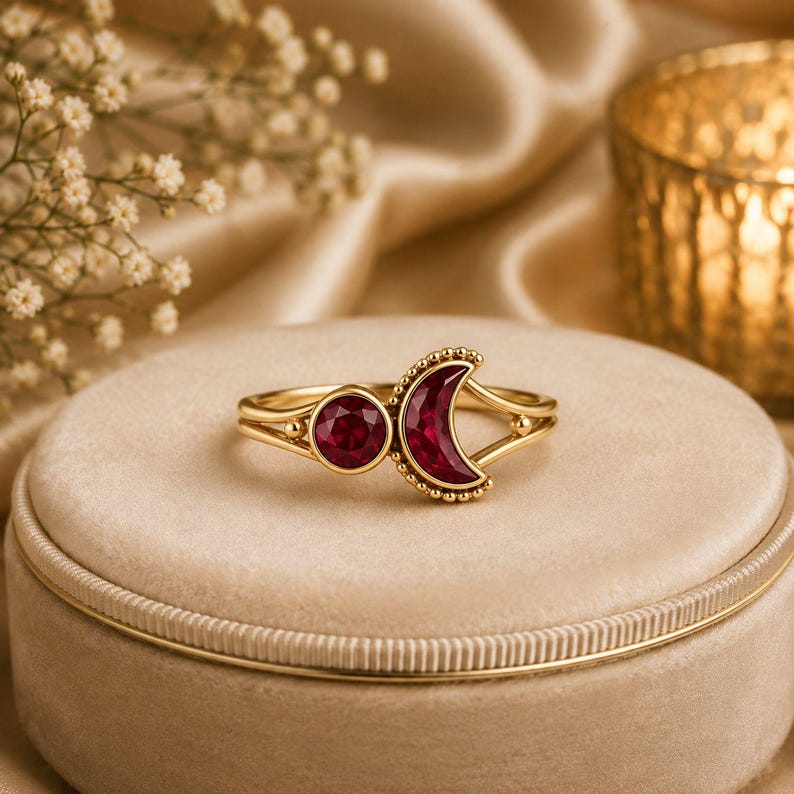 Ruby Moon Ring, Crescent Moon Ruby Ring, Celestial Gold Ring, Open Promise Ring, Minimalist Adjustable Ring, Gift For Her Bild 7