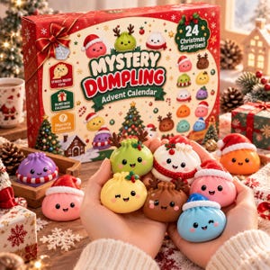 May include: A Mystery Dumpling Advent Calendar box featuring 24 Christmas surprises, decorated with festive illustrations of colorful dumplings. Several small, round, smiling dumpling figurines in various colors are displayed in front.