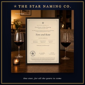 May include: A cream-coloured Certificate of Star Naming from The Star Naming Co. featuring the names Tom and Kate, constellation Lyra, registry number, and coordinates. The document is displayed in a black frame between two wine glasses and a candle.