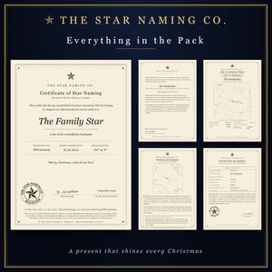 Può includere: Un set regalo per la denominazione di una stella che include un grande certificato per The Family Star, una lettera, un foglio di coordinate stellari, la storia della costellazione di Cassiopea e un estratto del registro su carta crema.