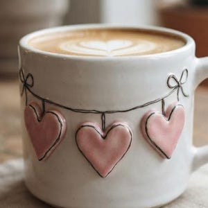 Op de afbeelding: Een witte keramische mok gevuld met koffie met een latte art hartje op het oppervlak. De buitenkant van de mok is versierd met drie verhoogde, lichtroze hartjes die hangen aan een handgetekend zwart touwtje met kleine strikjes.