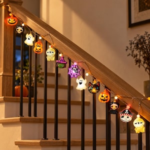 May include: A string of Halloween-themed LED lights featuring various illuminated figures including orange jack-o'-lanterns, white ghosts, a yellow mummy, a purple witch hat, a spider web, a black cat, a skull, and a pirate-themed character.