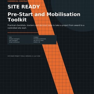 Op de afbeelding: Een zwarte documentomslag met een rasterpatroon en een diagonale oranje streep. De tekst luidt: SITE READY PROJECT TOOLS, COMMERCIAL CONSTRUCTION, SITE READY, Pre-Start and Mobilisation Toolkit, Practical checklists, trackers and decision tools.