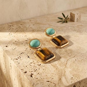 Puede incluir: Un par de pendientes colgantes dorados con una piedra redonda y lisa de color turquesa en la parte superior y una piedra rectangular de ojo de tigre engastada en un marco dorado en la parte inferior, unidas por una pequeña bisagra.