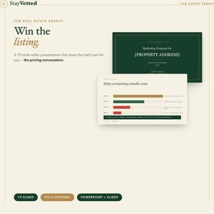 Könnte beinhalten: Eine digitale Marketingpräsentation mit 19 Folien für Immobilienmakler namens StayVetted. Sie enthält eine dunkelgrüne Titelseite mit Platzhaltern für Adressdaten und eine weiße Folie mit einem Balkendiagramm zu den Kosten von Überpreisen.