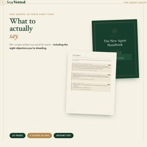 Può includere: Un prodotto digitale intitolato StayVetted The Agent Series che include un manuale verde scuro intitolato The New Agent Handbook e una pagina bianca intitolata Your sphere con script. Il testo include 40+ script, 35 pagine, 4 guide in una e PDF istantaneo.