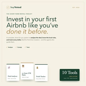 May include: A digital toolkit graphic titled StayVetted for short-term rental investors. It features the text Invest in your first Airbnb like you've done it before, with icons for a Deal Analyzer, 50-State STR Rules, and a Profit Tracker system.