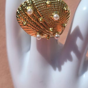 Gold Metal Shell Ring with Pearls, Adjustable Boho Beach Jewelry
