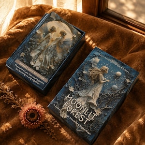 Peut inclure: Deux boîtes de cartes de tarot rectangulaires aux couvertures bleu foncé. L'une présente le titre Moonlit Forest, A Journey Through Intuition & Night Magic avec une illustration de fée. L'autre montre deux personnages et le texte Balance Unity Reflection.