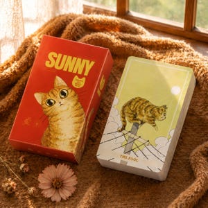 May include: A red rectangular box labeled SUNNY ORANGE CAT TAROT DECK with an illustration of an orange tabby cat, alongside a deck of cards featuring a light green card titled THE FOOL showing an orange cat perched on a utility pole wire.