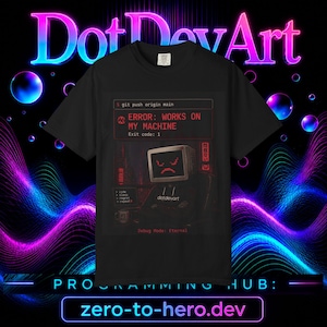 Könnte beinhalten: Ein schwarzes Kurzarm-T-Shirt mit einem Grafikdruck eines Computermonitors mit traurigem Gesicht. Der Text lautet: git push origin main, ERROR: WORKS ON MY MACHINE, Exit code: 1, code, sleep, regret, repeat und Debug Mode: Eternal.