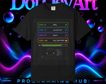 T-shirt med kodningsnivå och progression | Programmerare, Gamer Stack: HTML, JavaScript, React, Full Stack