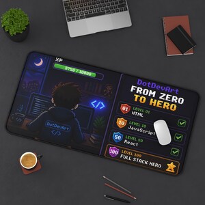 May include: A rectangular desk mat featuring a pixel art design of a person at a computer. The graphic includes an XP bar, a list labeled DotDevArt FROM ZERO TO HERO with levels for HTML, JavaScript, React, and Full Stack Hero, and a white mouse.