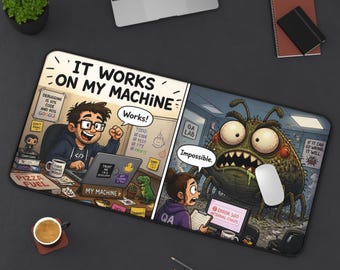 Puede incluir: Una alfombrilla de escritorio rectangular con una historieta dividida en dos. A la izquierda, una persona ante un portátil con el texto IT WORKS ON MY MACHINE. A la derecha, un gran insecto en una oficina con el texto ERROR 500 INTERNAL CHAOS.