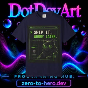 May include: A dark navy blue t-shirt featuring a green graphic of a cat wearing round glasses. The text reads SHIP IT. WORRY LATER. along with a computer terminal interface, a skull icon, a build status bar, and a can labelled CAFFEINE CODE.