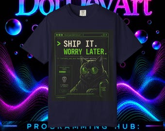 Maglietta da programmatore con gatto "Ship It Worry Later", maglietta divertente da programmatore, maglietta da sviluppatore