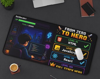 Från noll till hjälte programmeringsnivådiagram skrivbordsmatta | Gamerprogrammerare musmatta